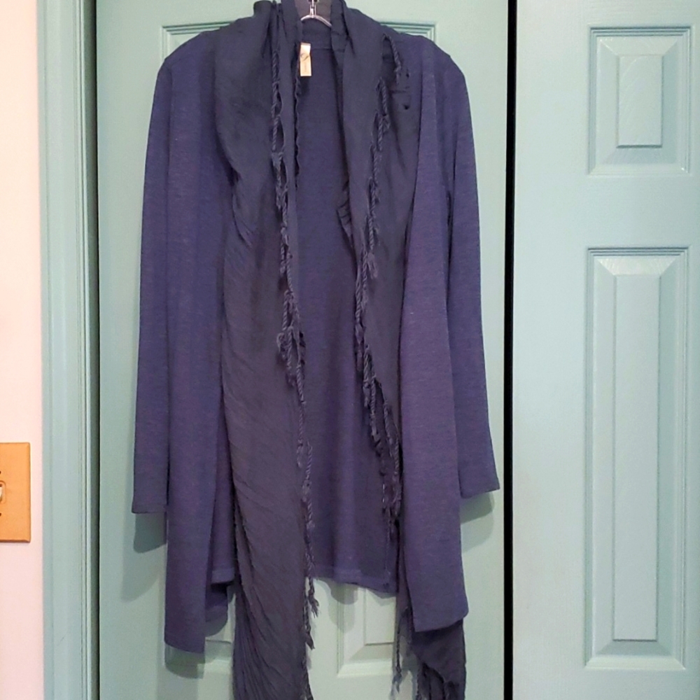 Blue sweater with attached scarf